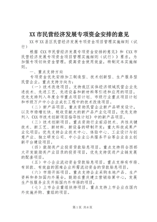 XX市民营经济发展专项资金安排的意见