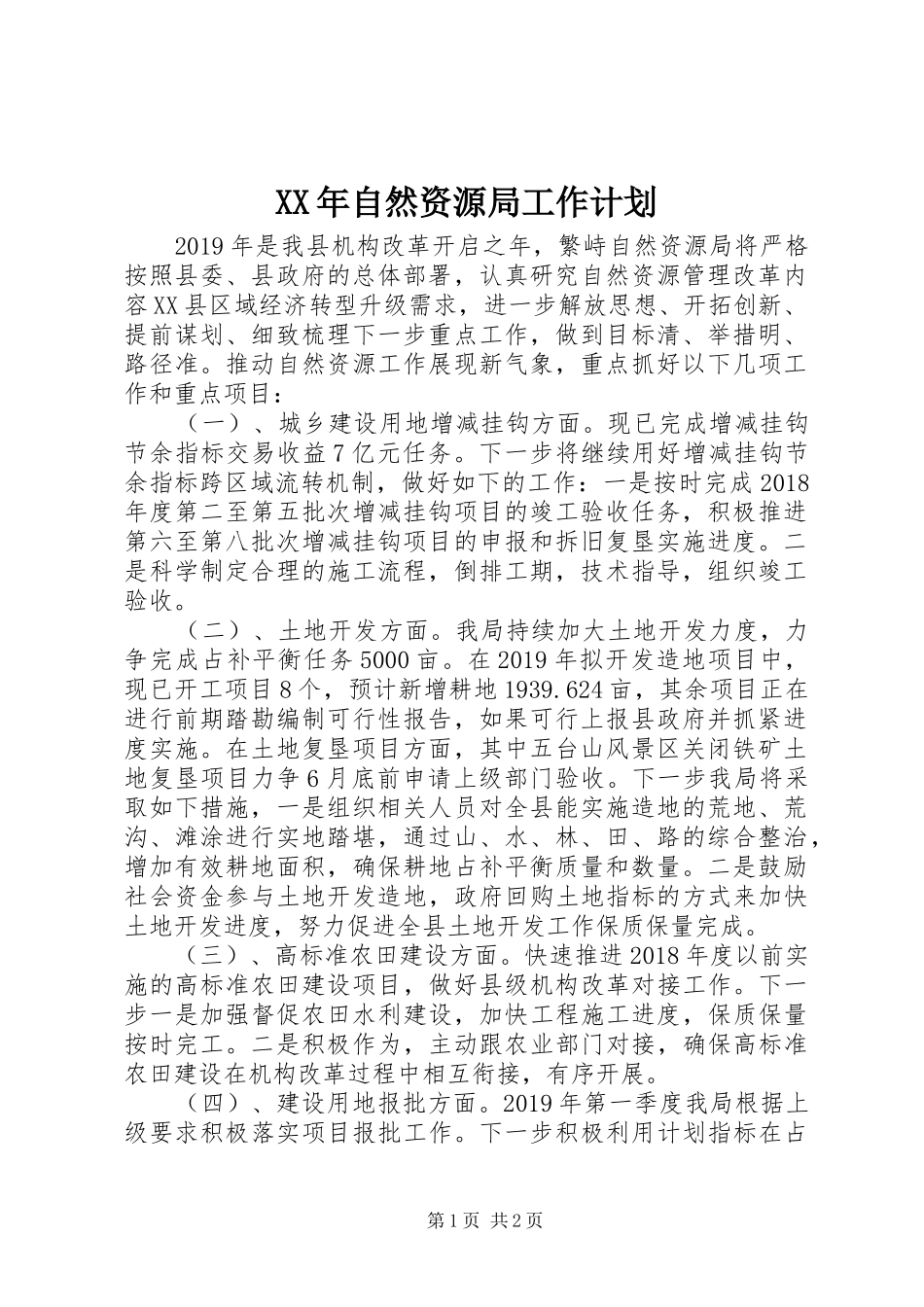 XX年自然资源局工作计划_第1页