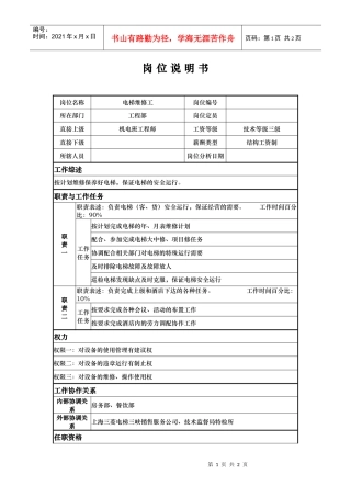 工程部电梯维修工 岗位说明书