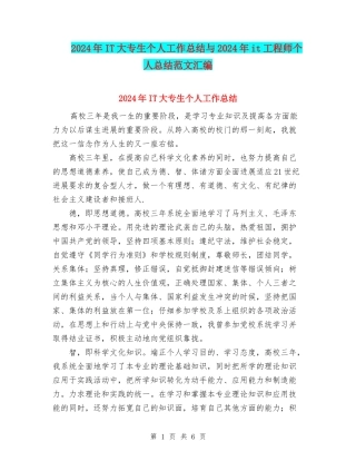 2024年IT大专生个人工作总结与2024年it工程师个人总结范文汇编
