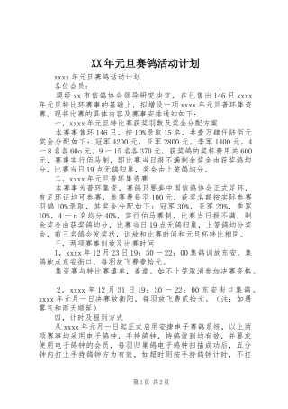 XX年元旦赛鸽活动计划