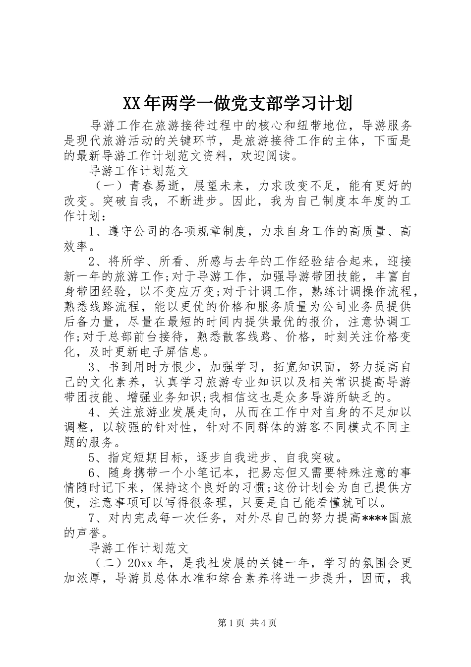 XX年两学一做党支部学习计划_第1页