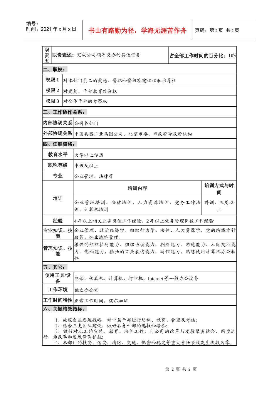 仪器生产企业组织部长职位说明书_第2页