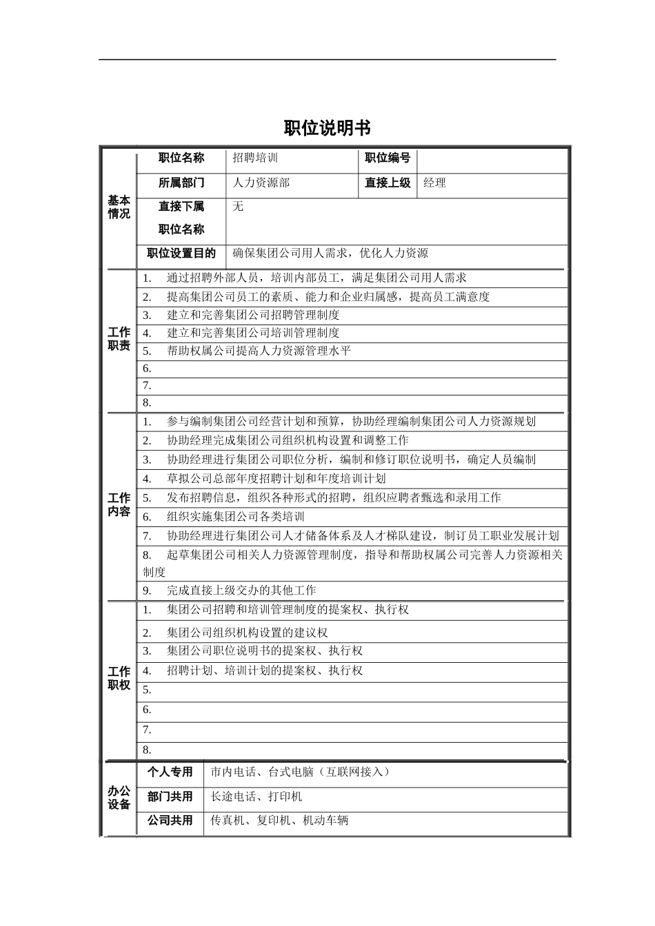 人力资源部-招聘培训职位说明书_第1页