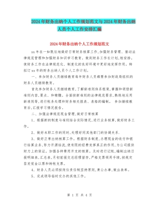 2024年财务出纳个人工作规划范文与2024年财务出纳人员个人工作安排汇编
