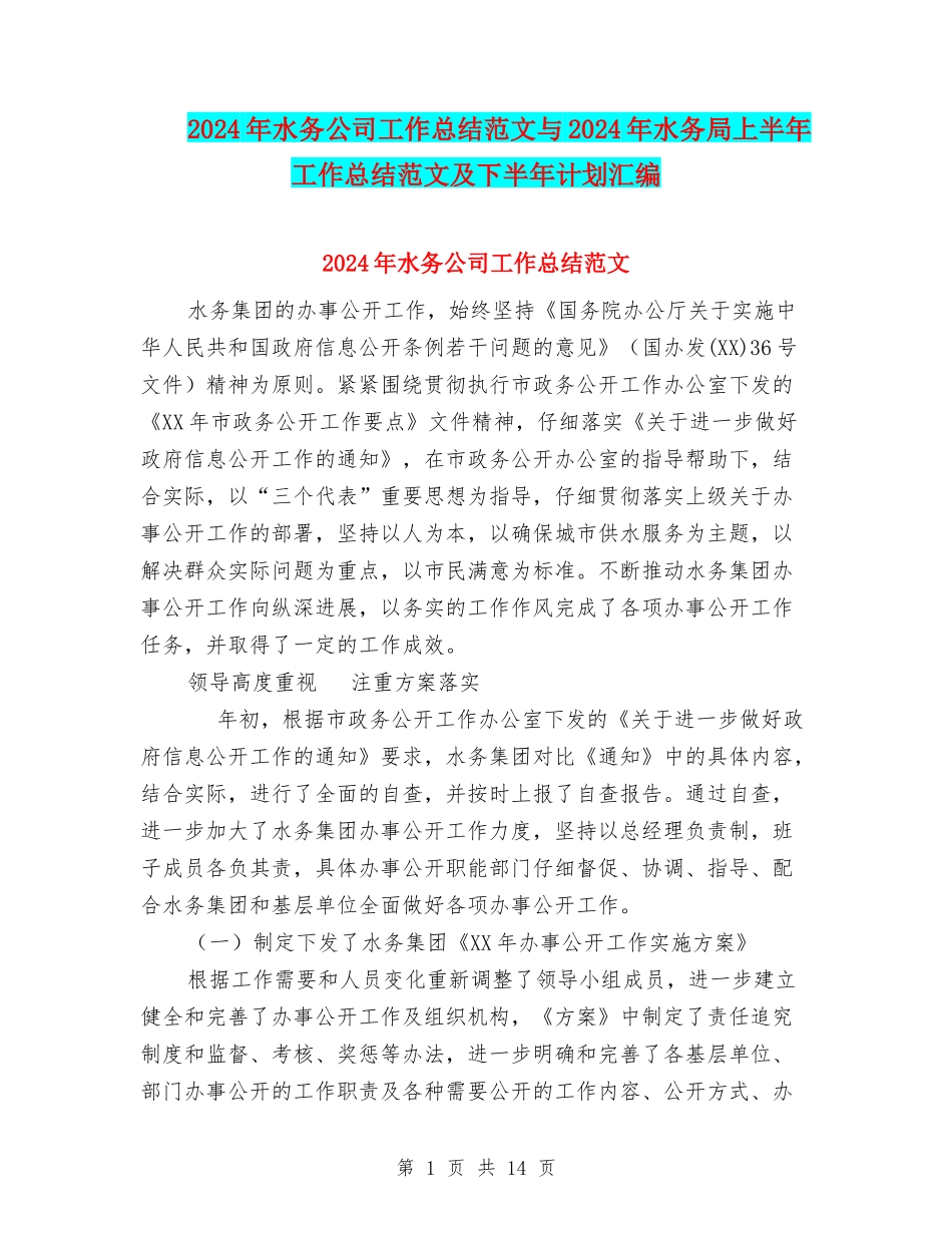 2024年水务公司工作总结范文与2024年水务局上半年工作总结范文及下半年计划汇编_第1页