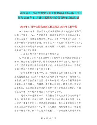 2024年11月计生协党支部工作总结及2024年工作计划与2024年11月计生系统初任公务员转正总结汇编
