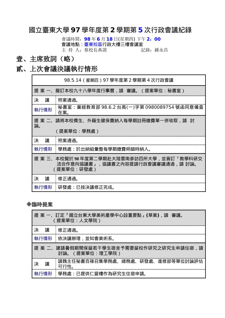 国立台东大学97学年度第2学期第5次行政会议纪录_第1页
