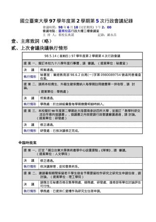 国立台东大学97学年度第2学期第5次行政会议纪录
