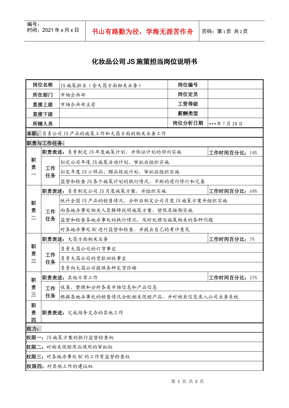 化妆品公司js施策担当岗位说明书_第1页