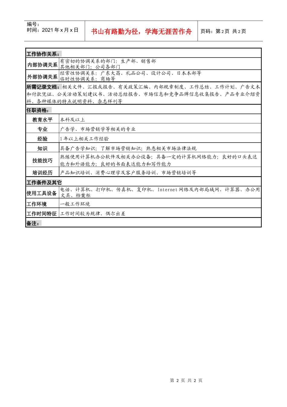 化妆品公司js施策担当岗位说明书_第2页