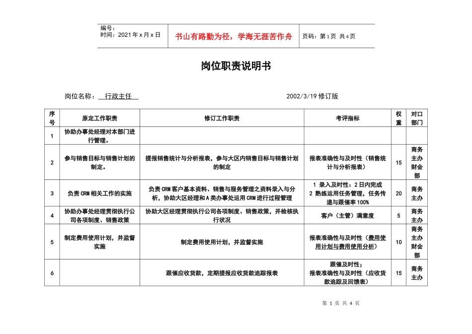 【职位描述】工作说明书－行政主任_第1页