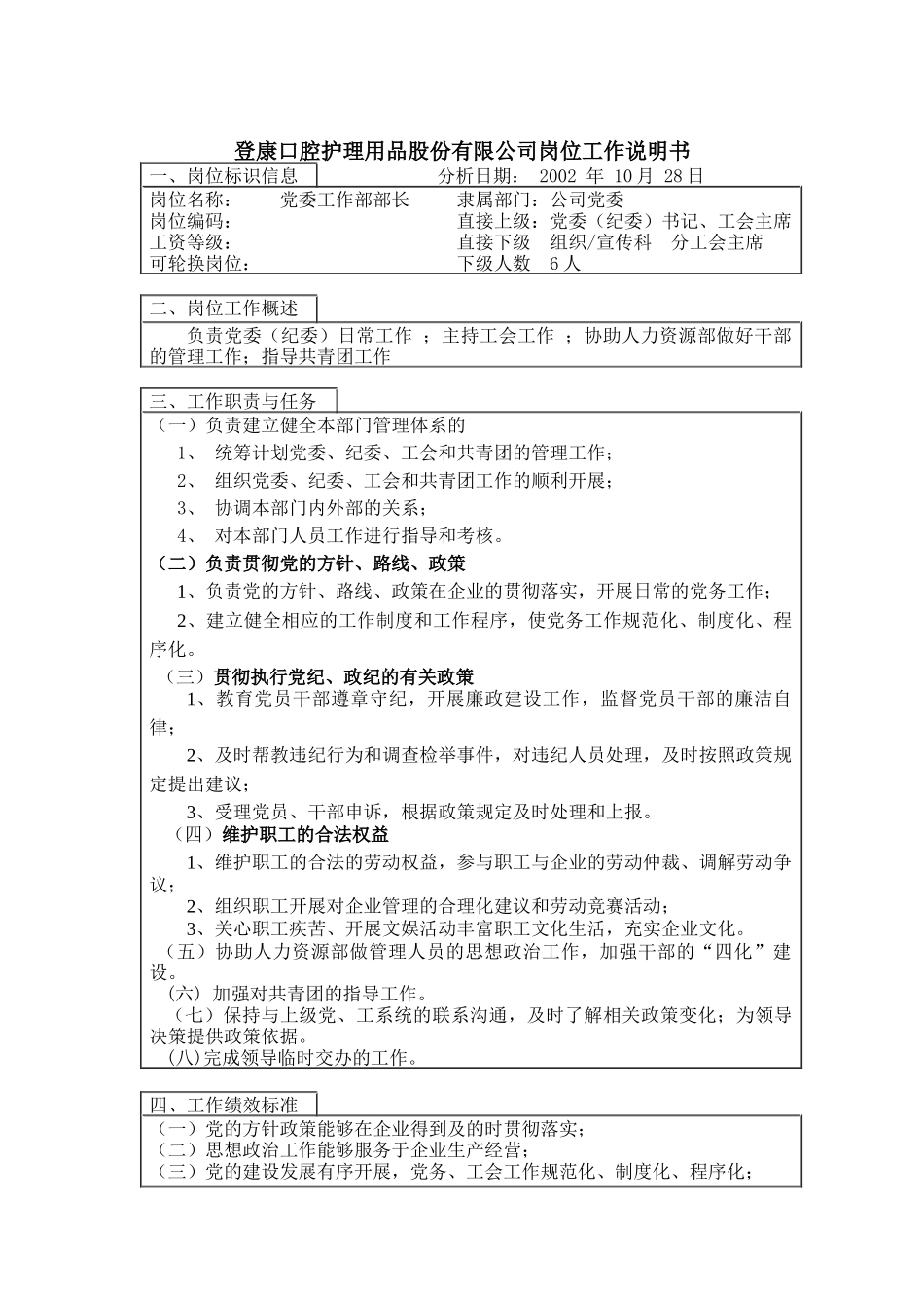 党委工作部部长岗位说明书_第1页