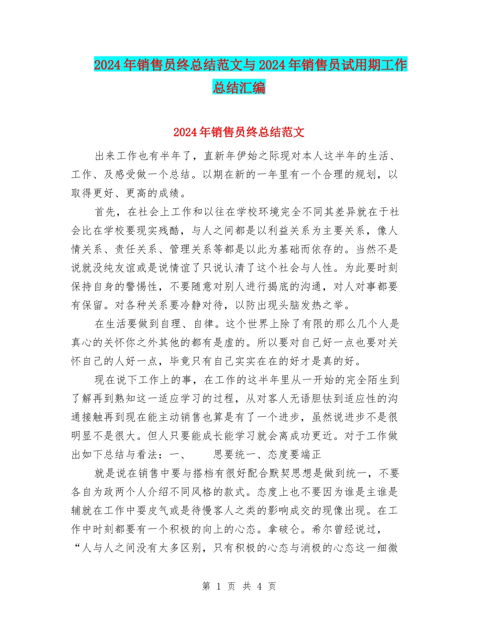 2024年销售员终总结范文与2024年销售员试用期工作总结汇编_第1页
