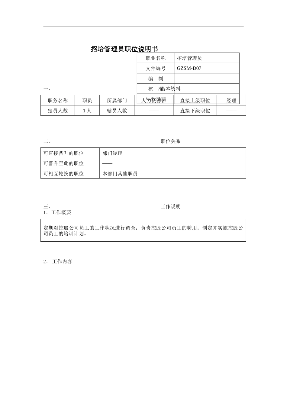 人力资源部-招培管理员岗位说明书_第1页