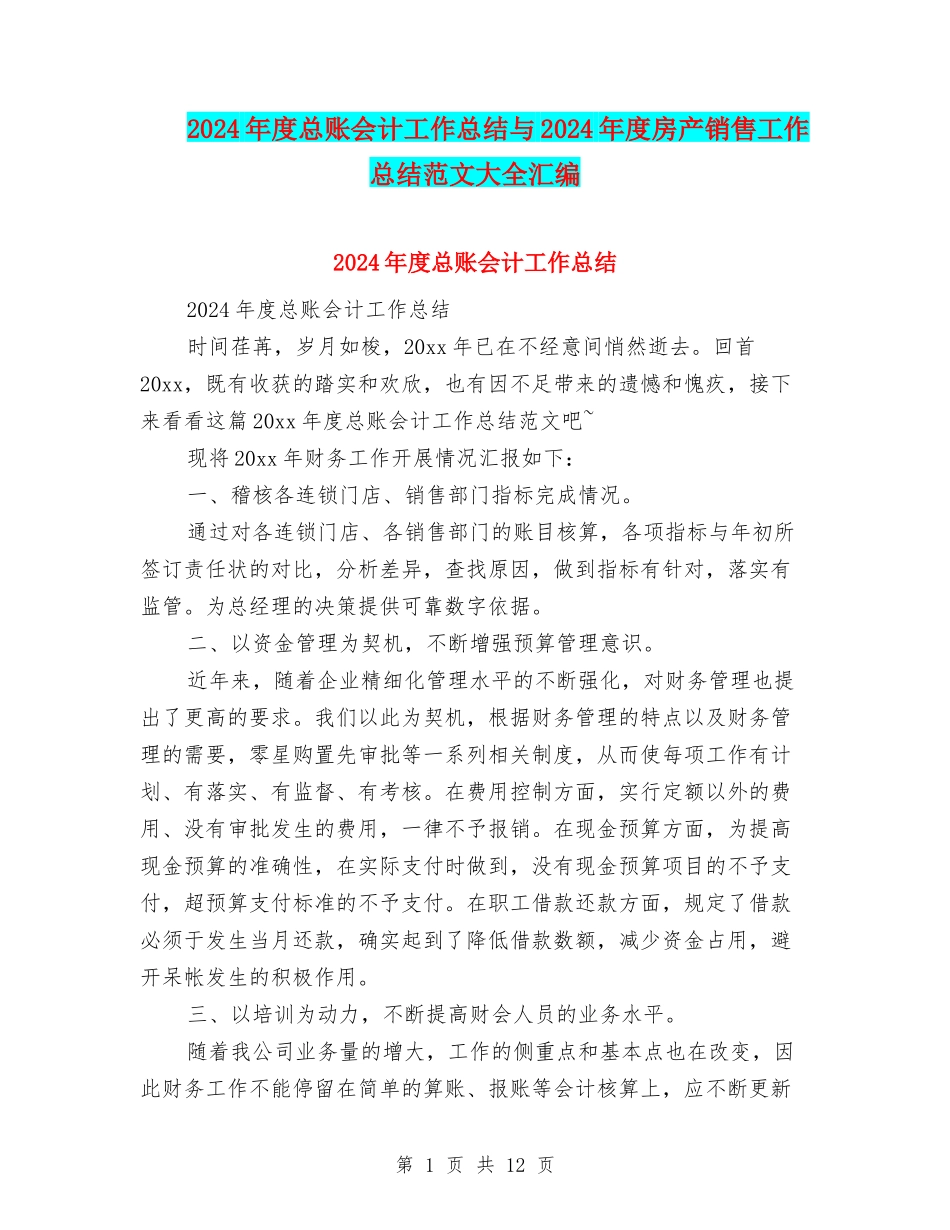 2024年度总账会计工作总结与2024年度房产销售工作总结范文大全汇编_第1页