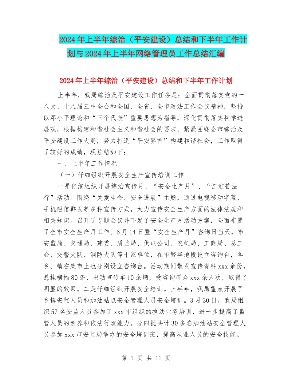 2024年上半年综治总结和下半年工作计划与2024年上半年网络管理员工作总结汇编_第1页