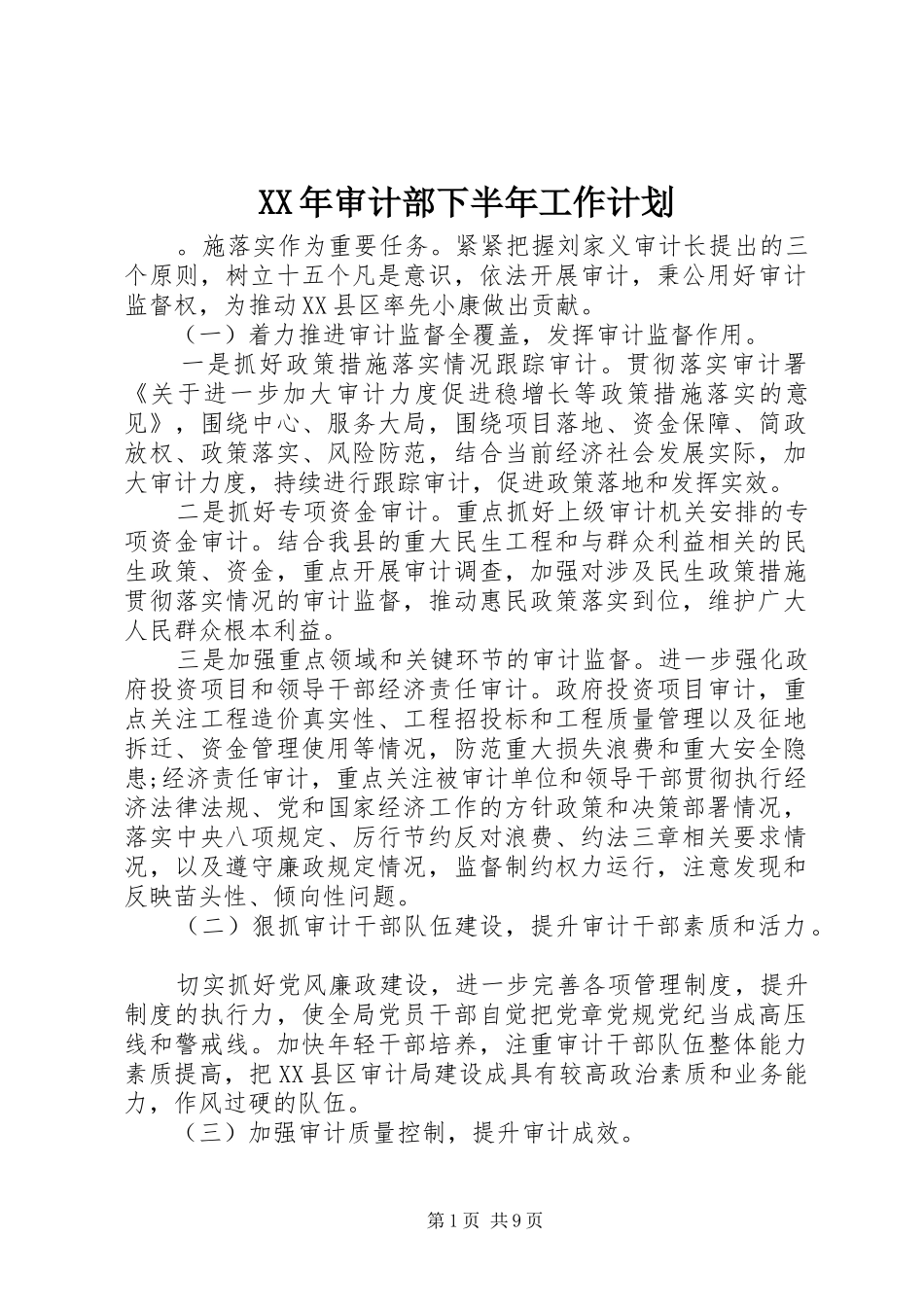 XX年审计部下半年工作计划_第1页