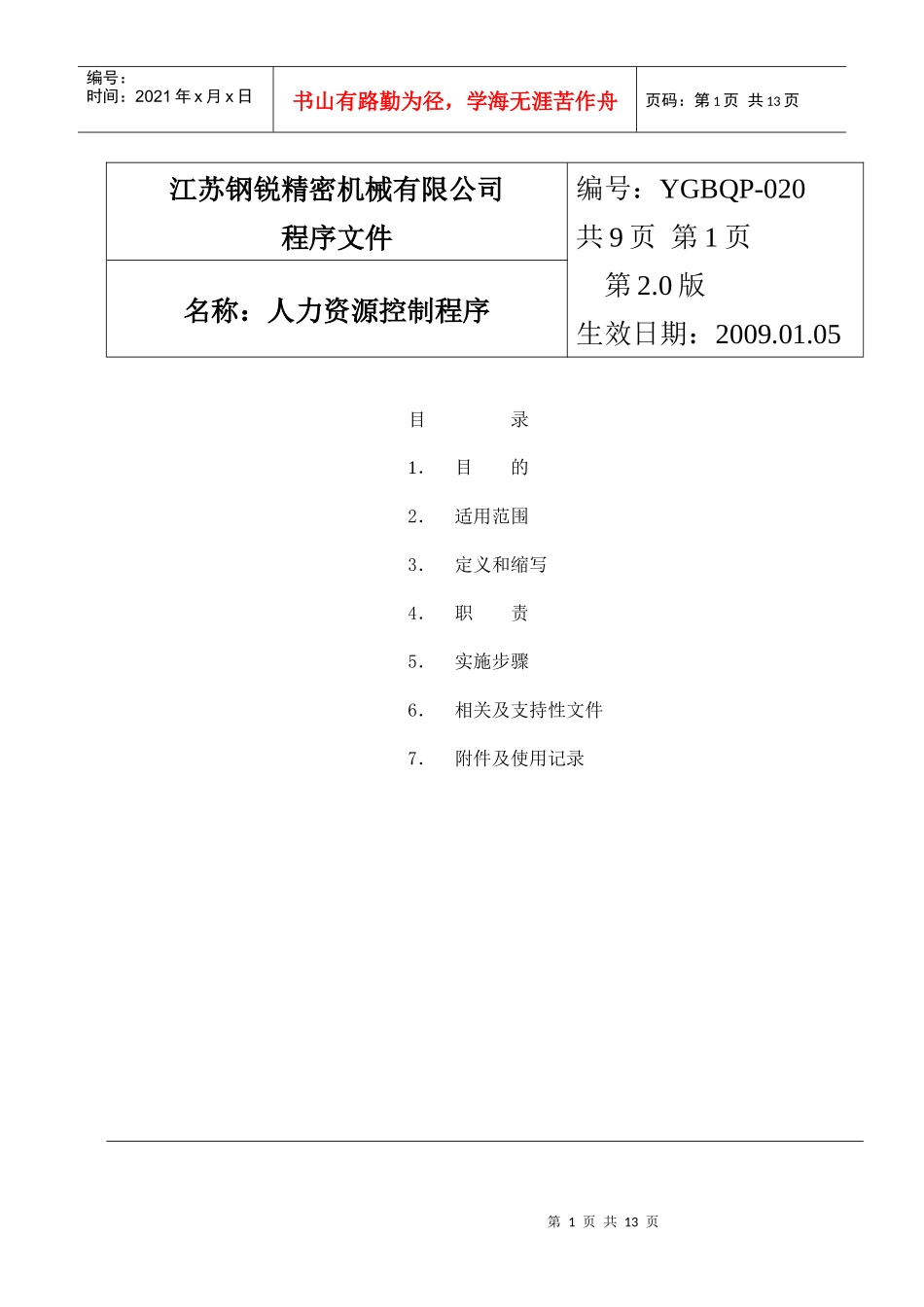 人力资源-202220人力资源控制程序 V20_第1页