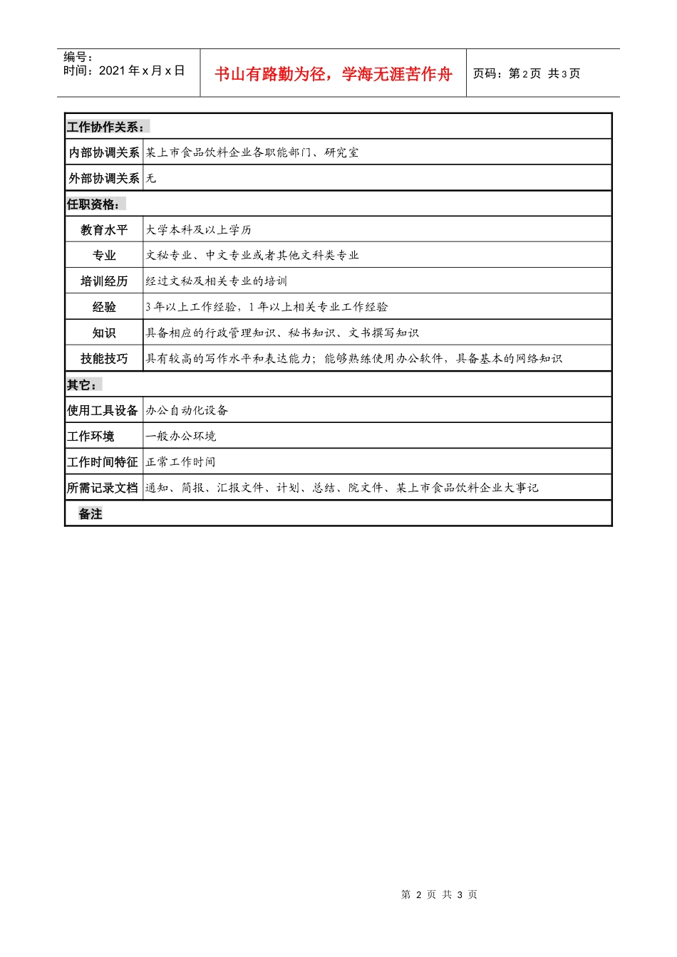 上市食品饮料企业文秘职务说明书_第2页