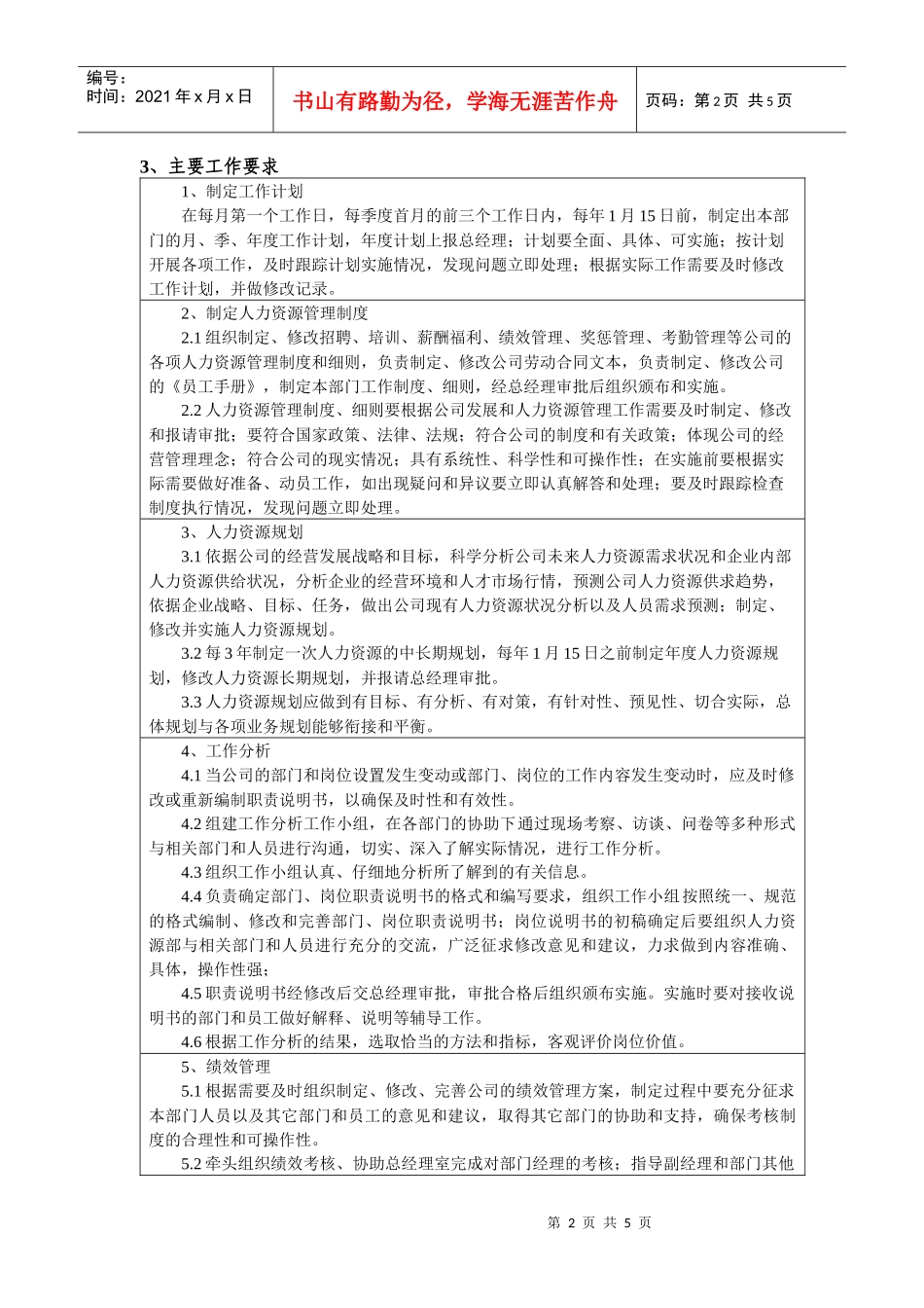 人力资源部经理岗位任务说明书_第2页