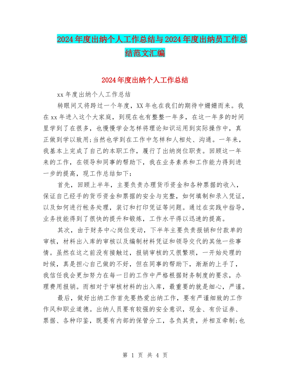 2024年度出纳个人工作总结与2024年度出纳员工作总结范文汇编_第1页