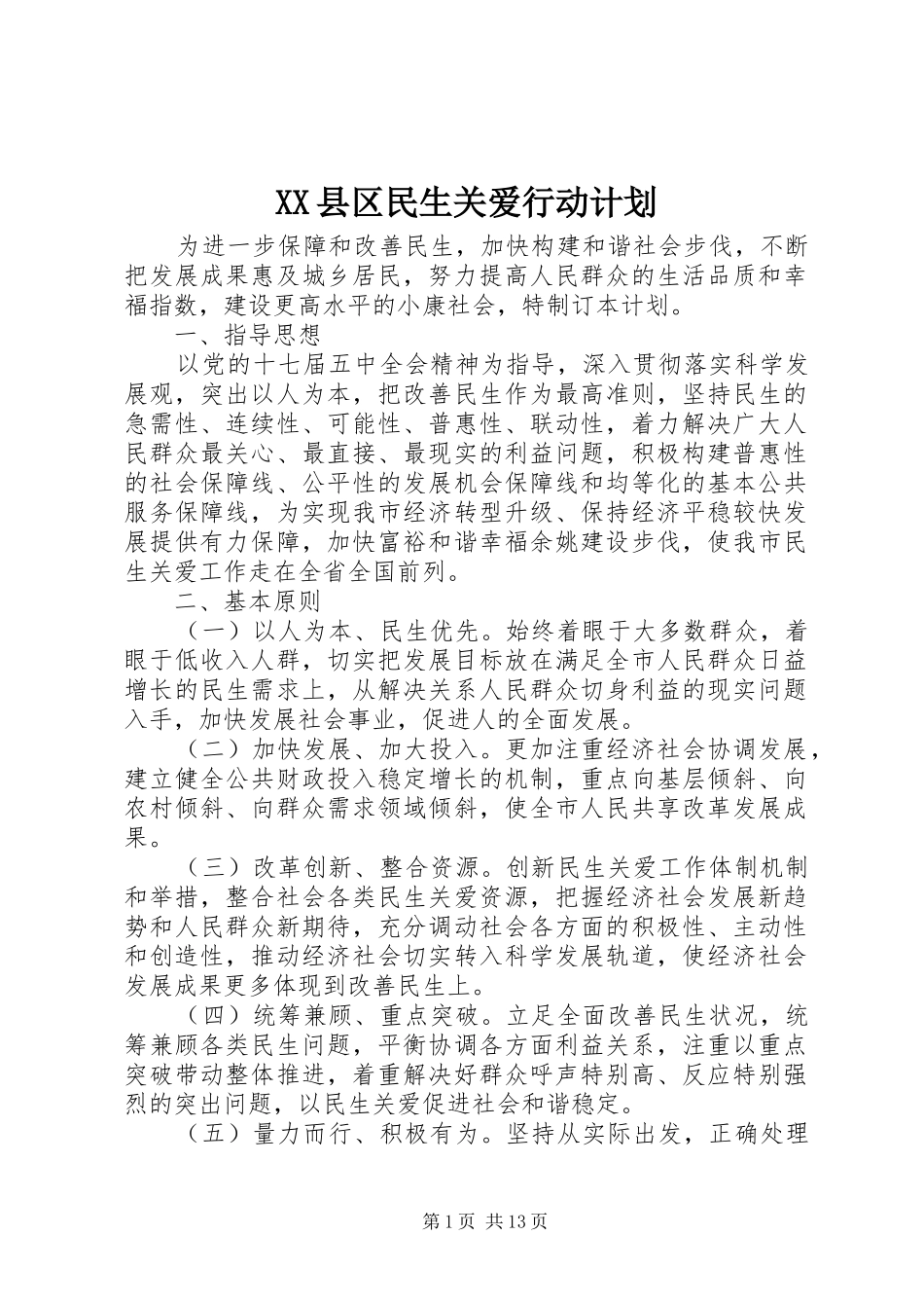 XX县区民生关爱行动计划_第1页