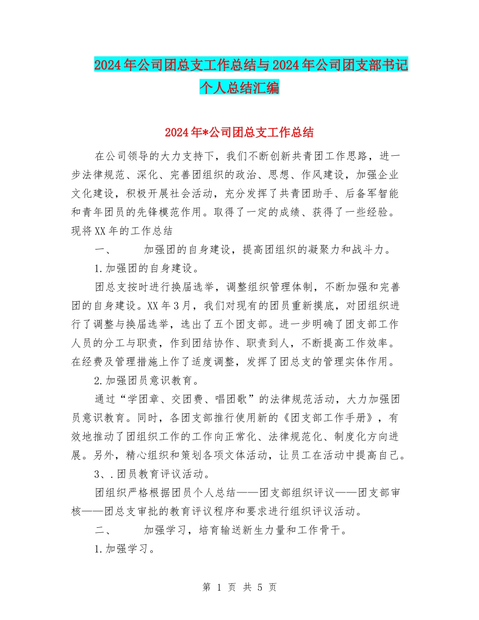 2024年公司团总支工作总结与2024年公司团支部书记个人总结汇编_第1页