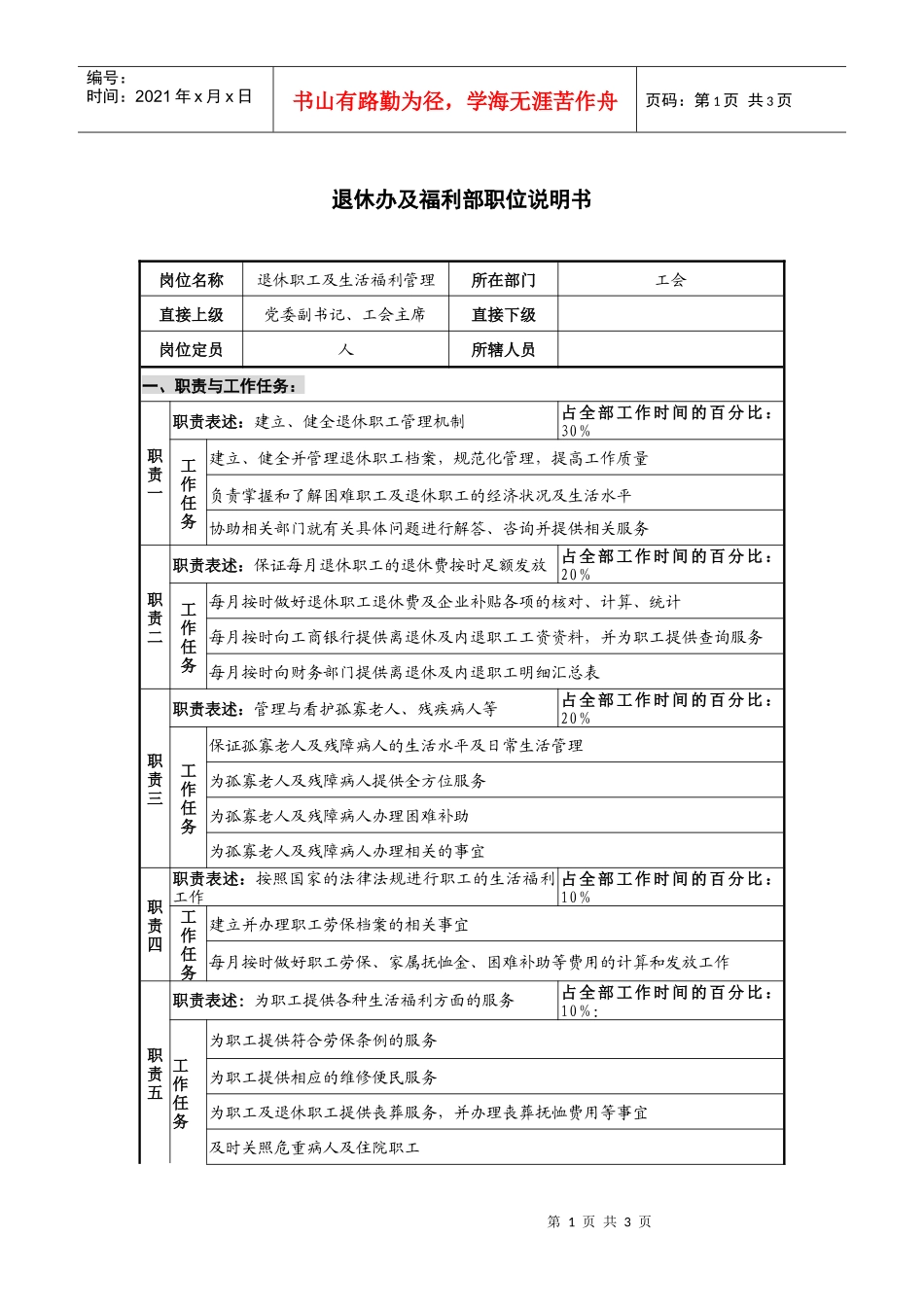 仪器生产企业退休办及福利部职位说明书_第1页