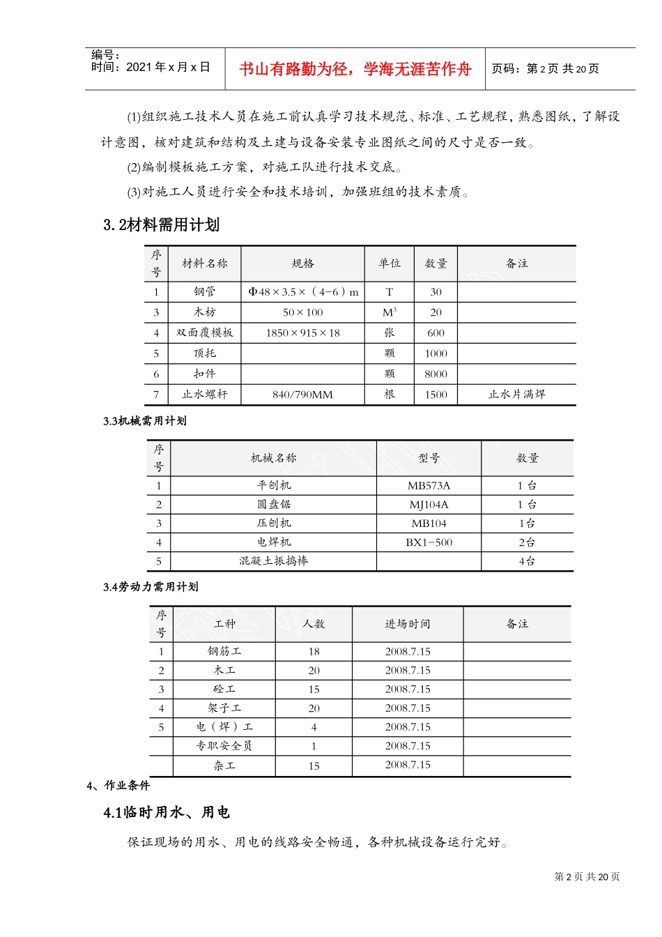 人力资源-2022(消防水池施工方案)(DOC27页)_第2页
