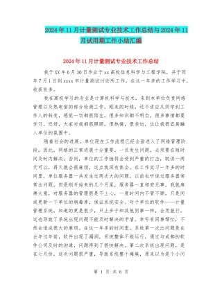 2024年11月计量测试专业技术工作总结与2024年11月试用期工作小结汇编