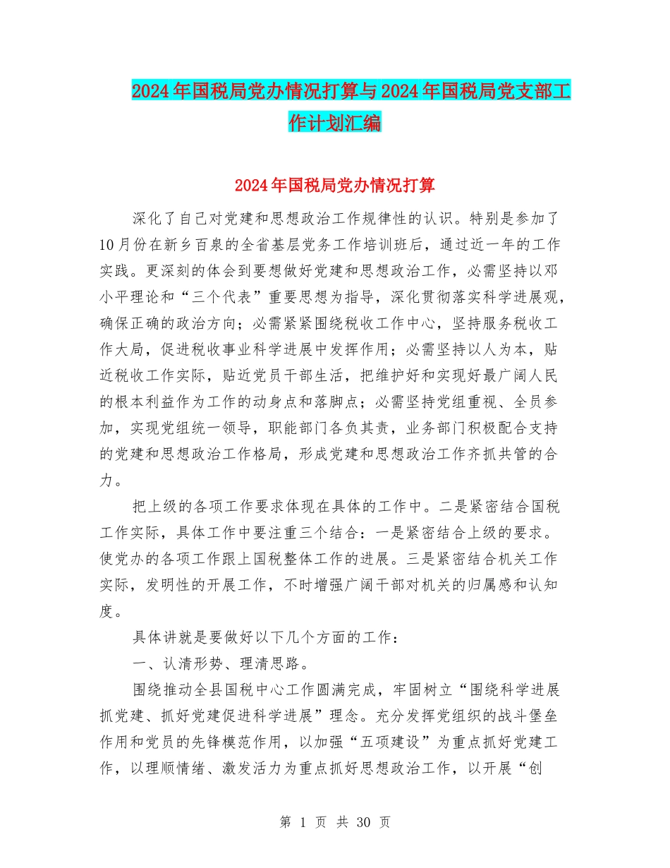 2024年国税局党办情况打算与2024年国税局党支部工作计划汇编_第1页