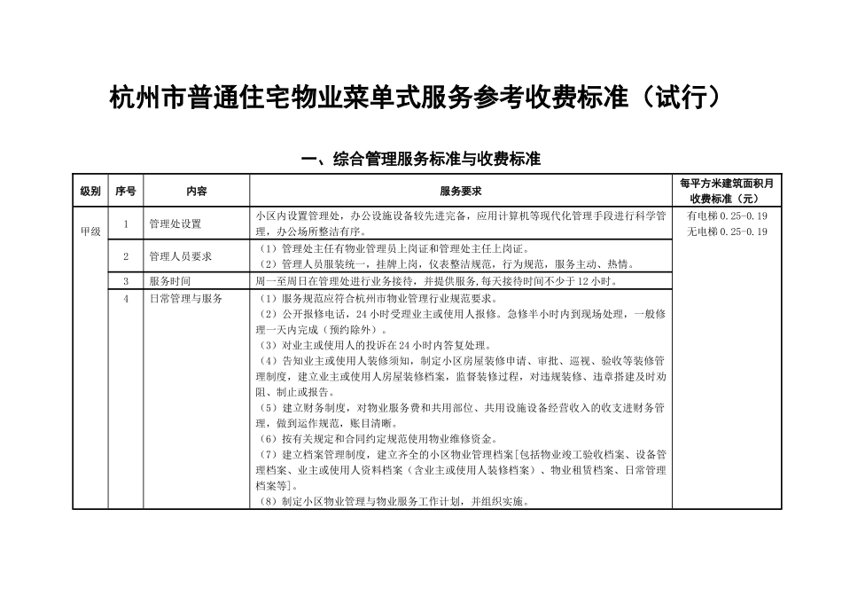 杭州市普通住宅物业服务分等收费标准_第1页