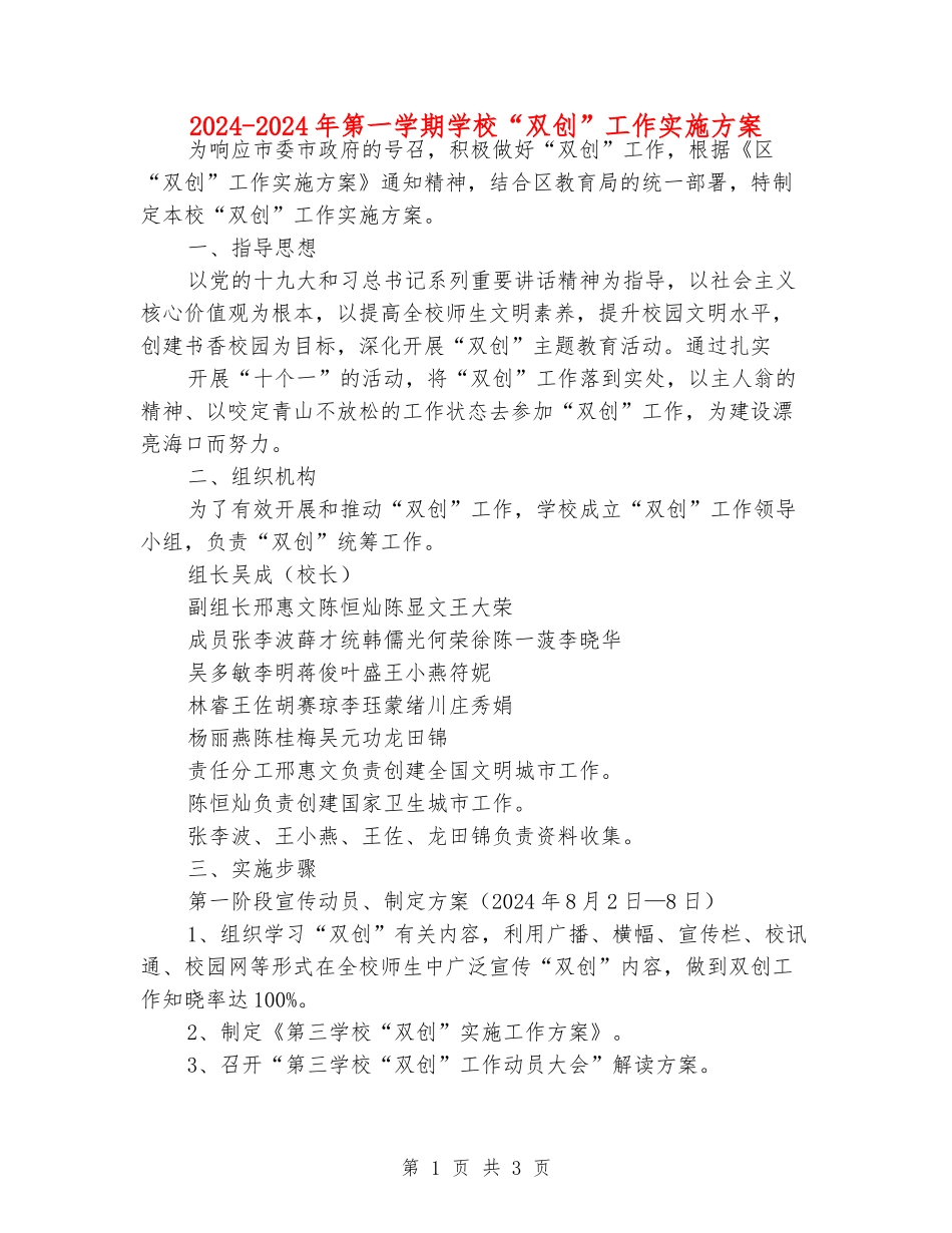 2024-2024年第一学期小学“双创”工作实施方案_第1页