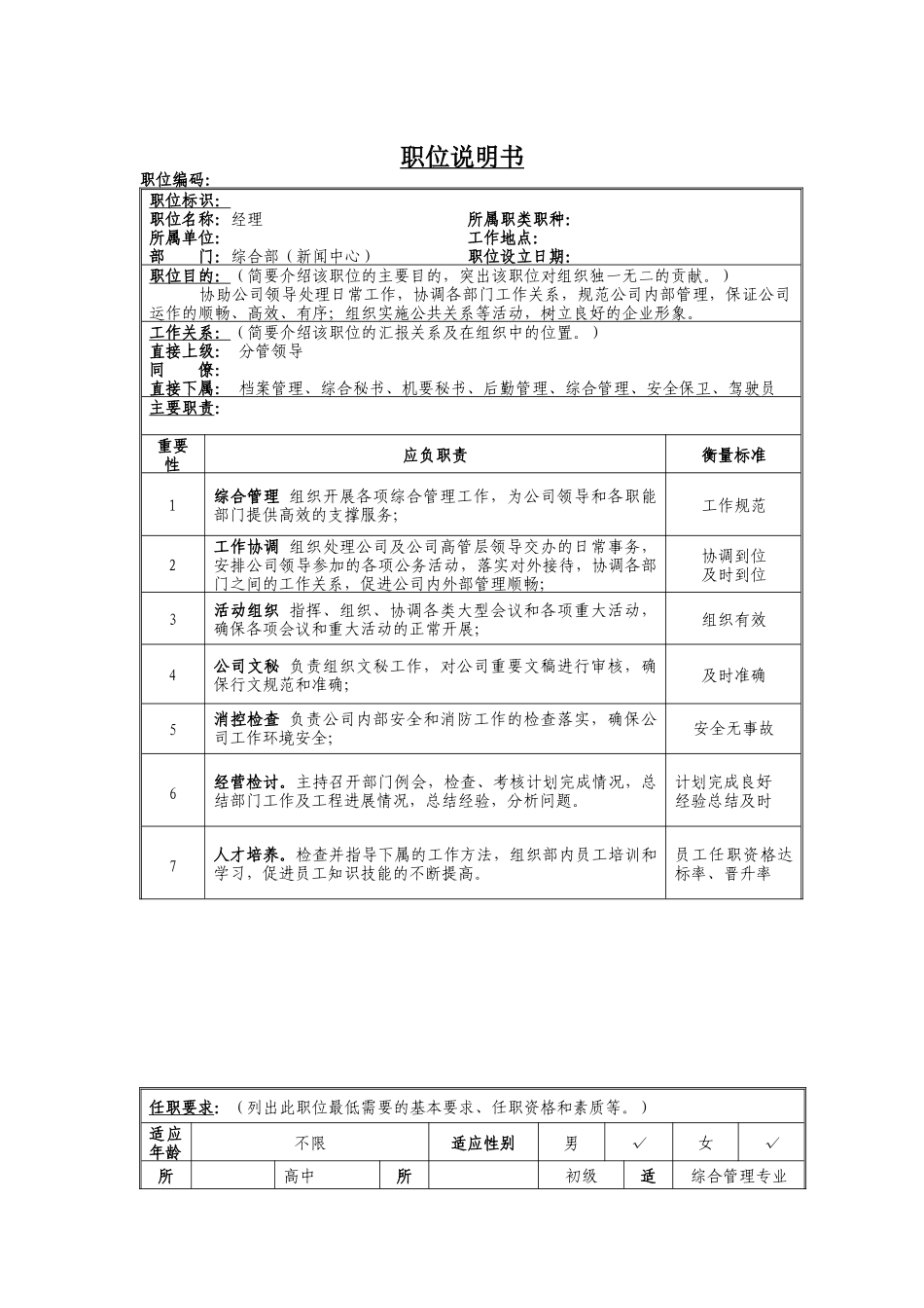 经理（兼新闻中心主任）岗位说明书_第1页