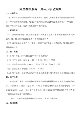 阿里物流服务一周年庆活动方案