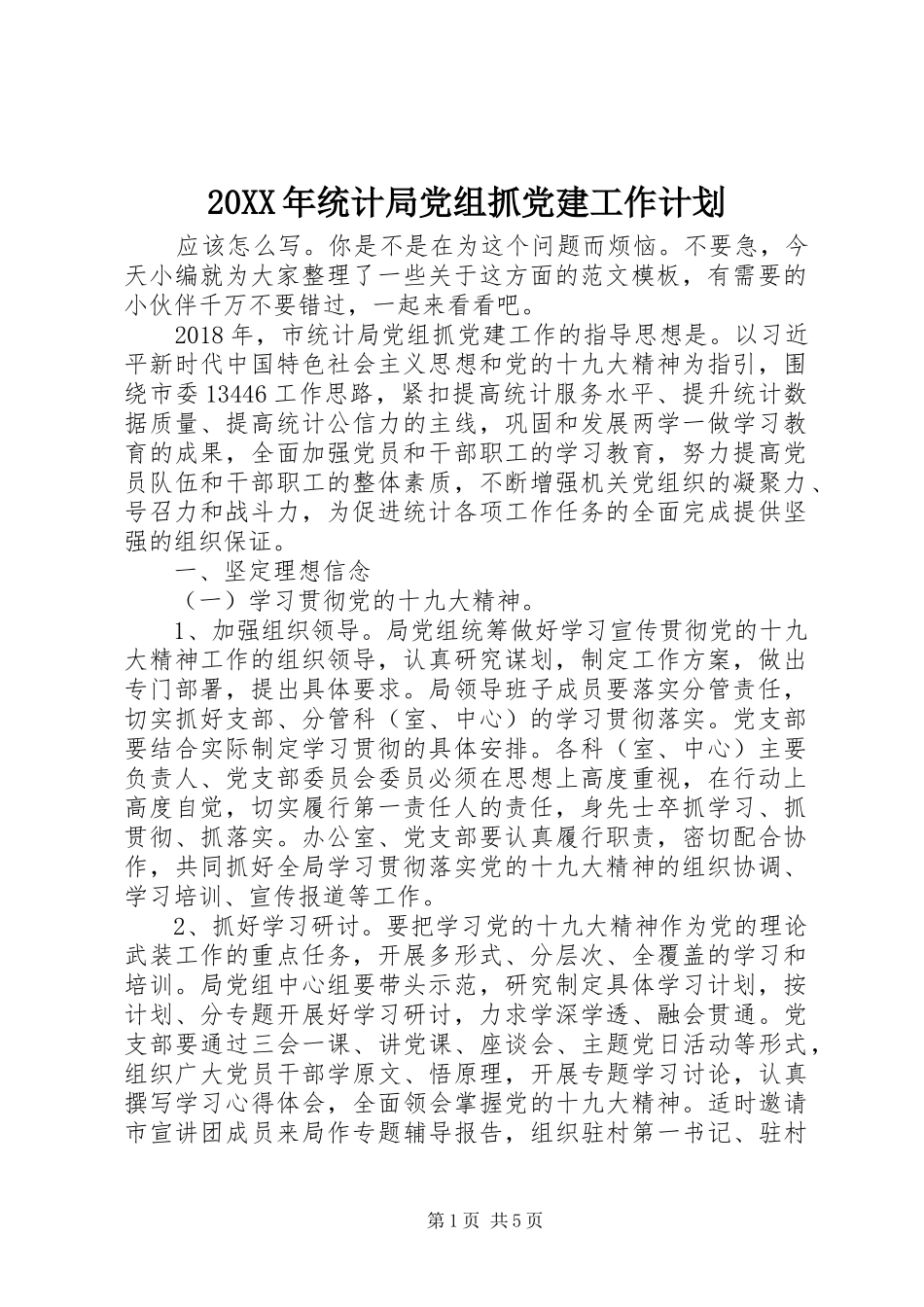 20XX年统计局党组抓党建工作计划_第1页