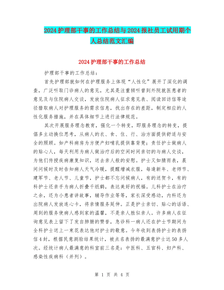 2024护理部干事的工作总结与2024报社员工试用期个人总结范文汇编_第1页