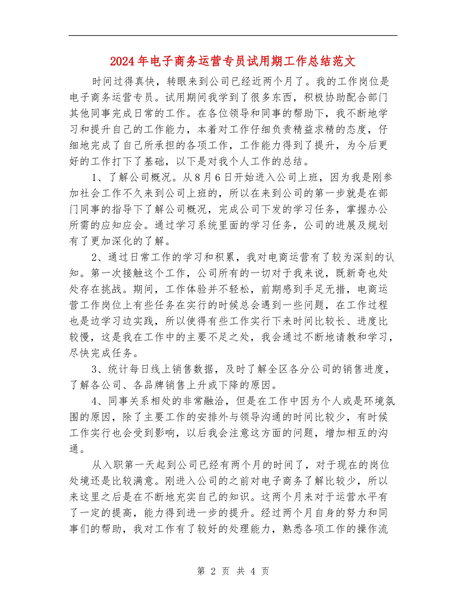 2024年电子商务运营专员试用期工作总结范文_第2页