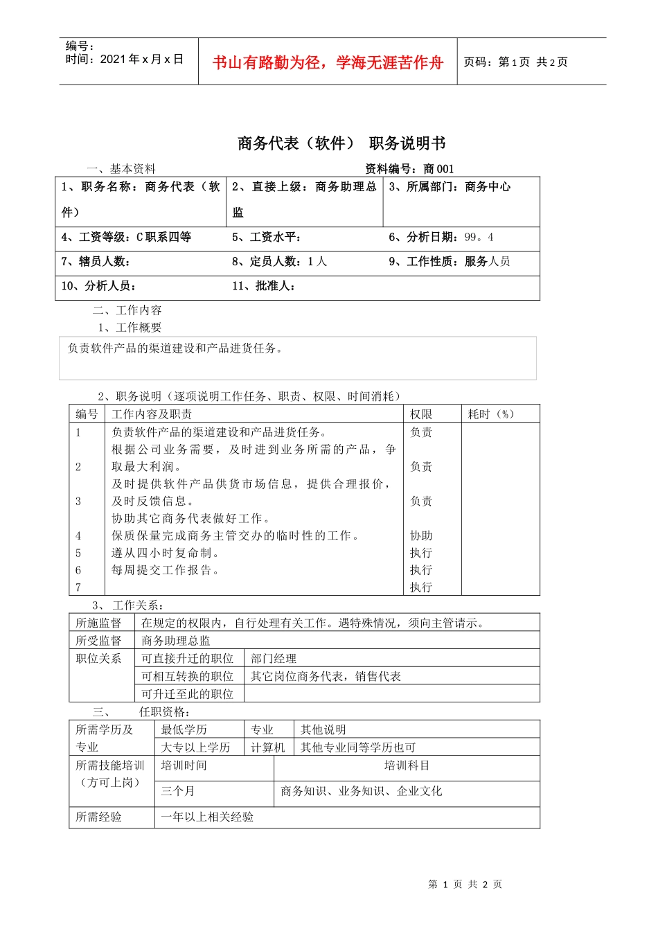 商务代表（软件） 职务说明书_第1页