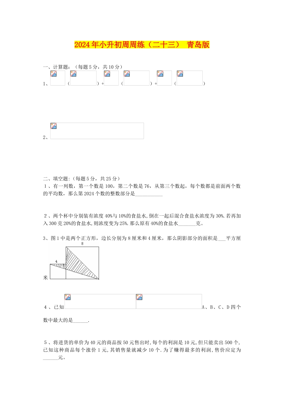 2024年小升初周周练(二十三)-青岛版_第1页