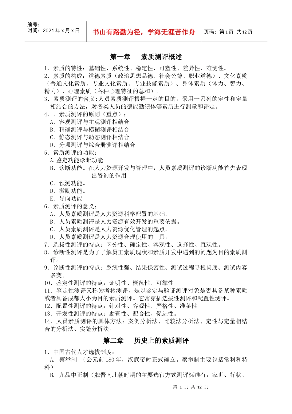 人力资源-202209年7月人员素质测评考试范围_第1页