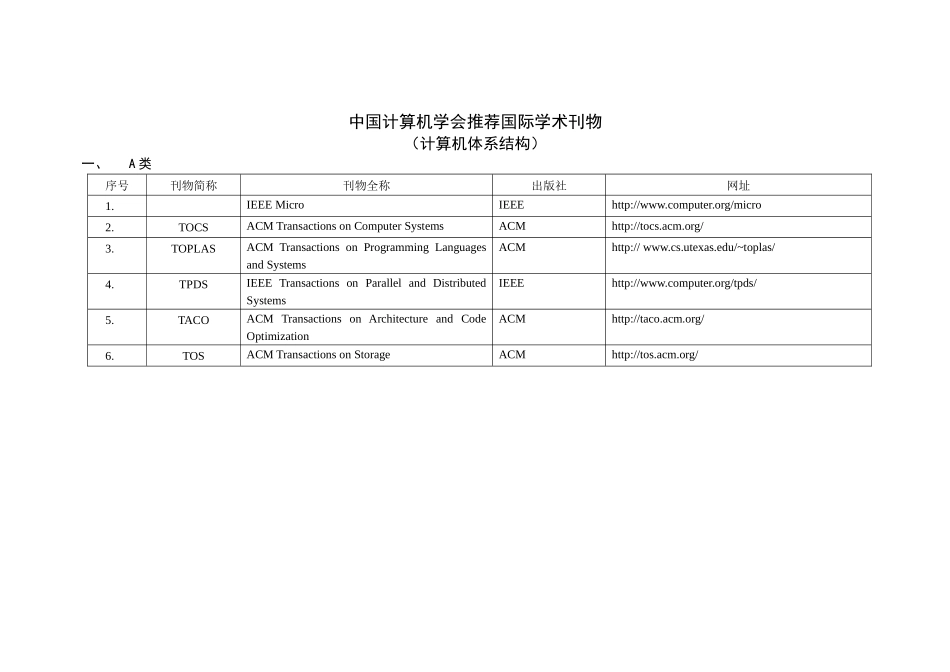中国计算机学会推荐国际学术刊物与会议 计算机体系结构_第1页