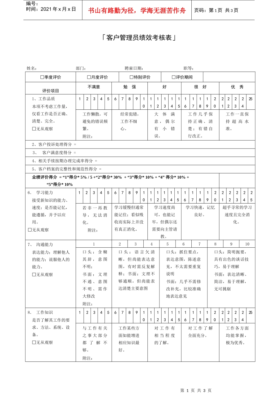 「客户管理员绩效考核表」_第1页