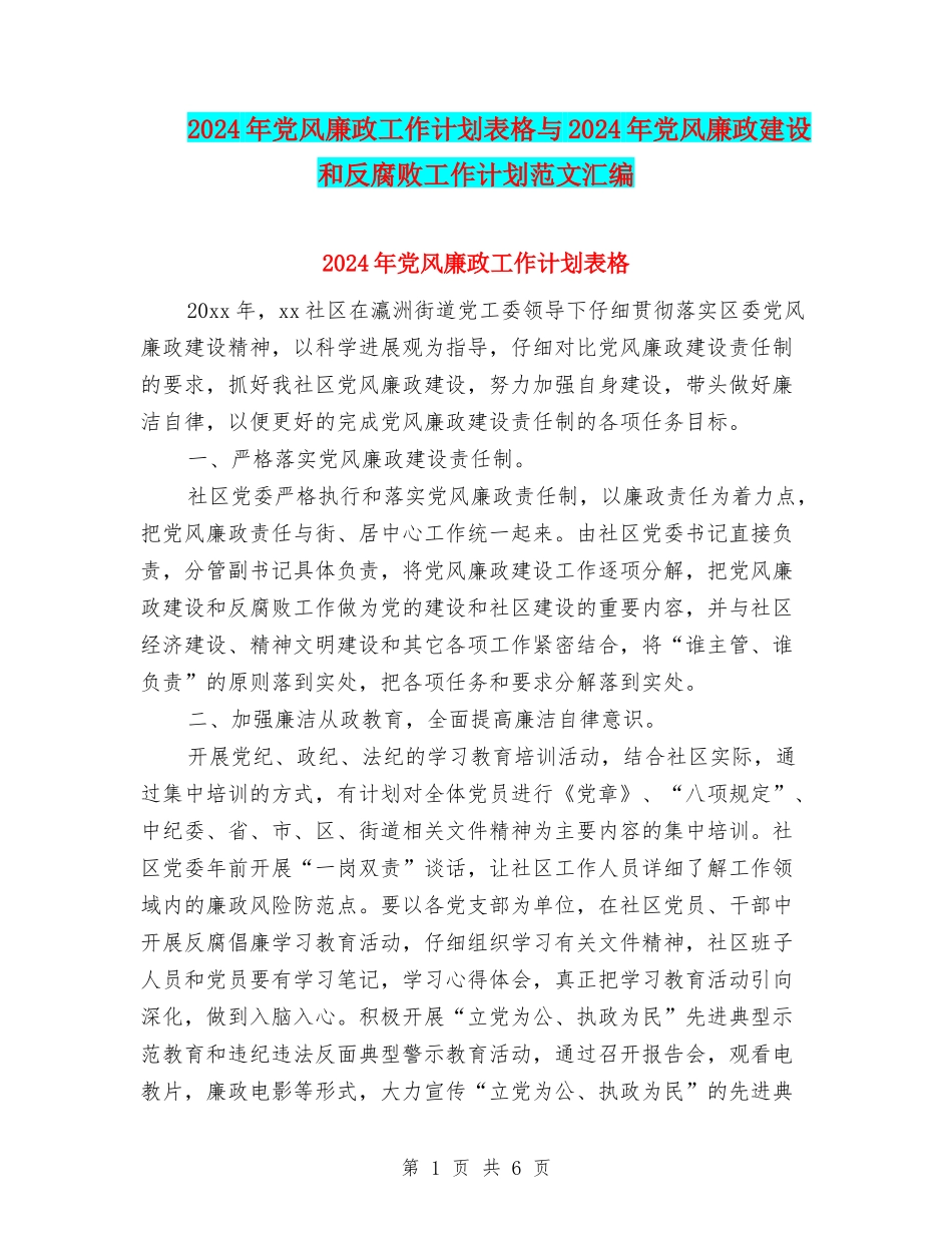 2024年党风廉政工作计划表格与2024年党风廉政建设和反腐败工作计划范文汇编_第1页