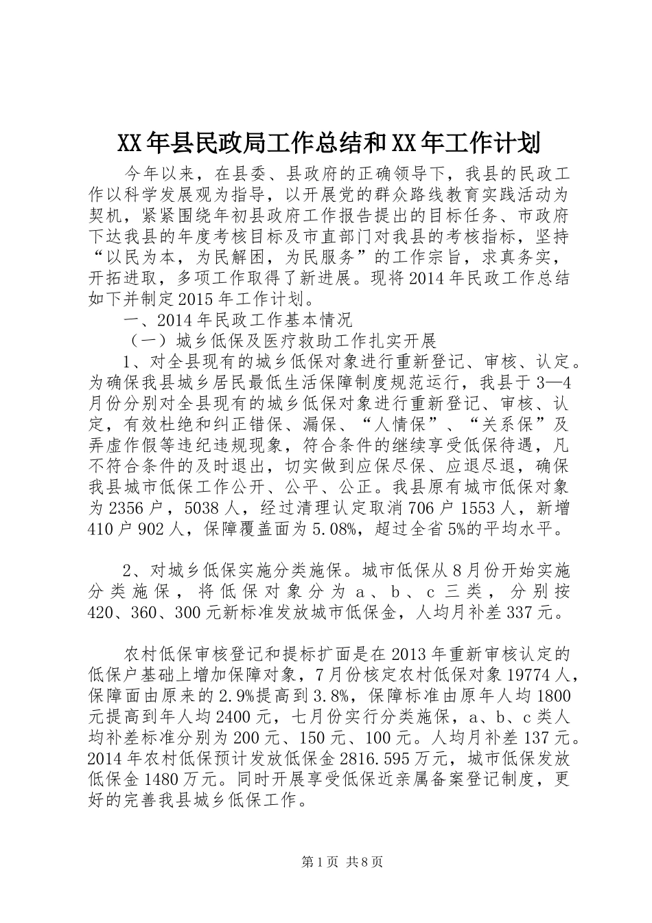 XX年县民政局工作总结和XX年工作计划_第1页