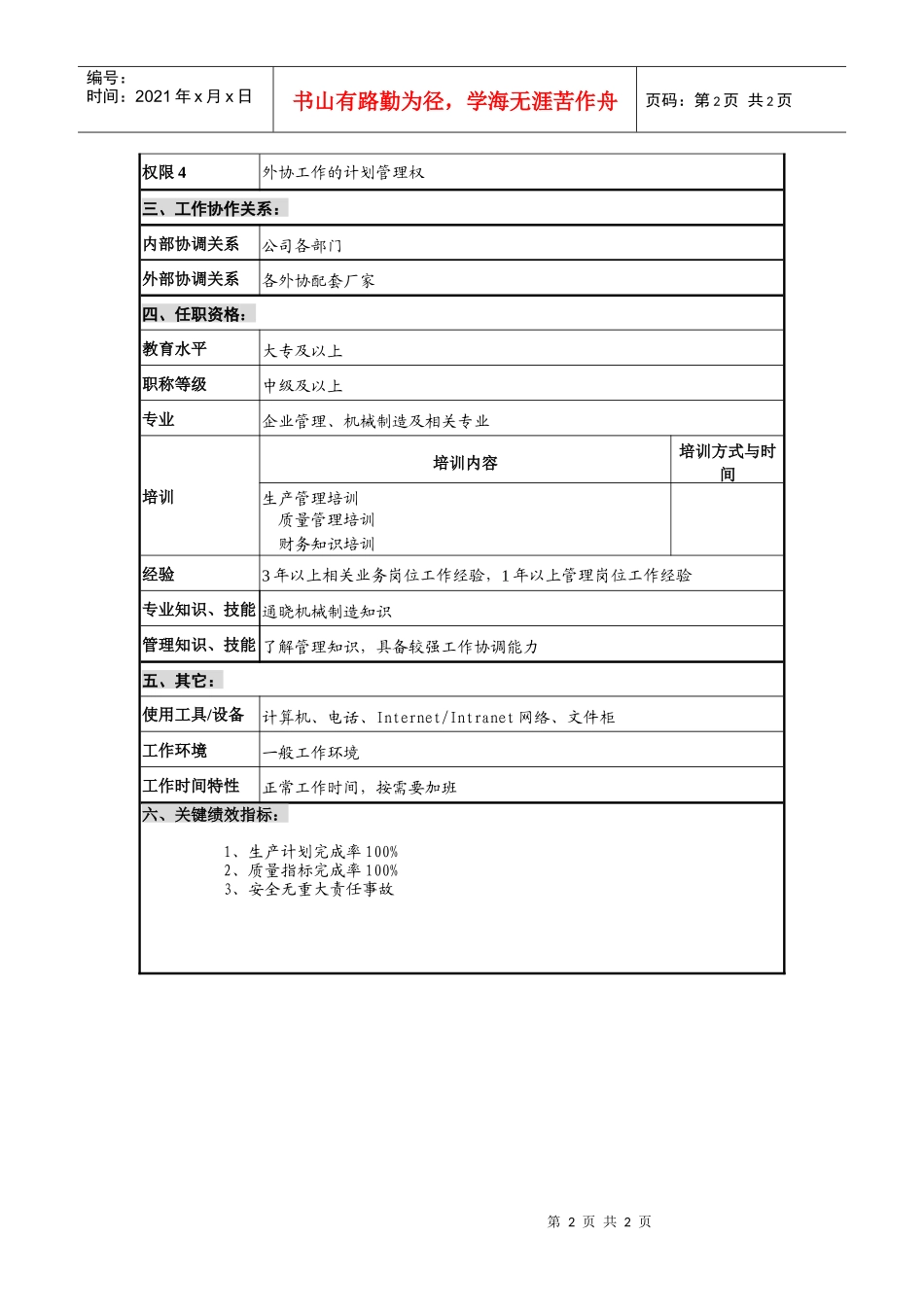 仪器生产企业外协主管职位说明书_第2页