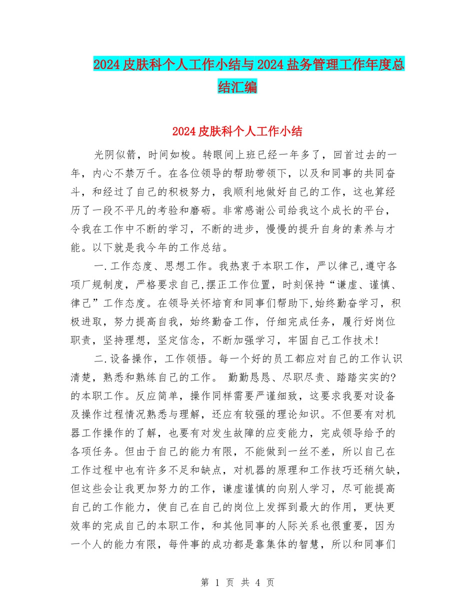 2024皮肤科个人工作小结与2024盐务管理工作年度总结汇编_第1页
