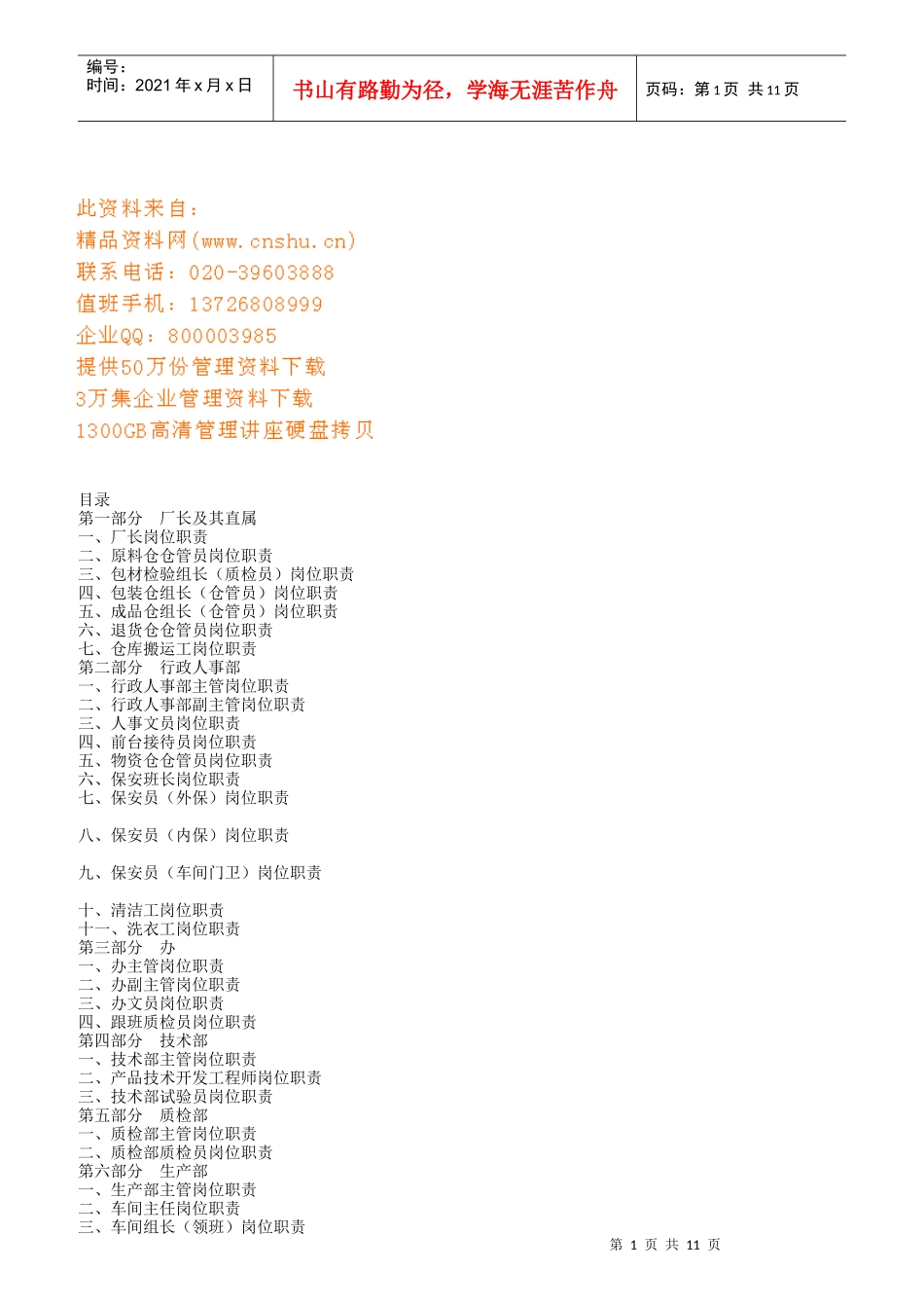 工厂各部门岗位职责_第1页