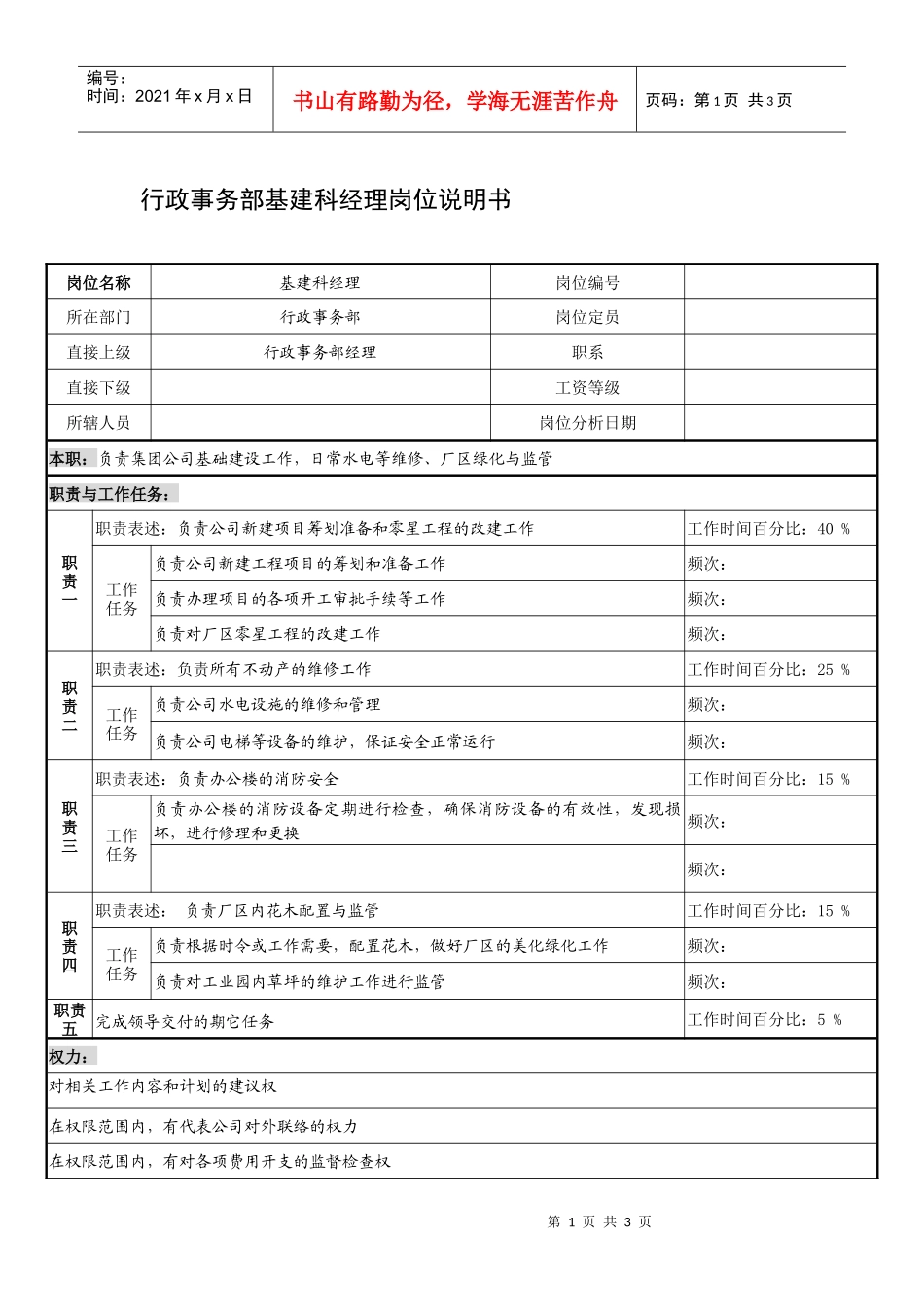 制鞋企业行政事务部基建科经理岗位说明书_第1页